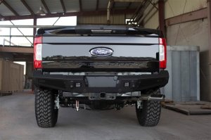 Ford F-250 Rear Bumper - Addictive Desert Designs - HoneyBadger with Lockable Tool Boxes, Backup Sensor Cutouts, and D-Ring Clevis Mounts - Hammer Black and Satin Black - `17-`27 Ford F-250 Rear Bumper - Addictive Desert Designs - HoneyBadger with Lockable Tool Boxes, Backup Sensor Cutouts, and D-Ring Clevis Mounts - Hammer Black and Satin Black - `17-`27